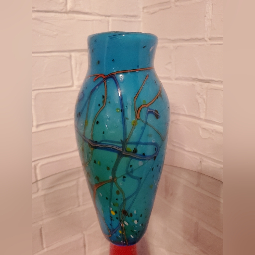 Postmodern Vintage 90s hand blow Studio Art Glass aque blue abstract vase - Picture 3 of 16
